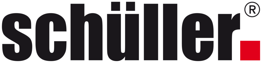 Logo der Marke „Schüller“ in schwarzer Schrift mit einem roten Quadrat rechts.